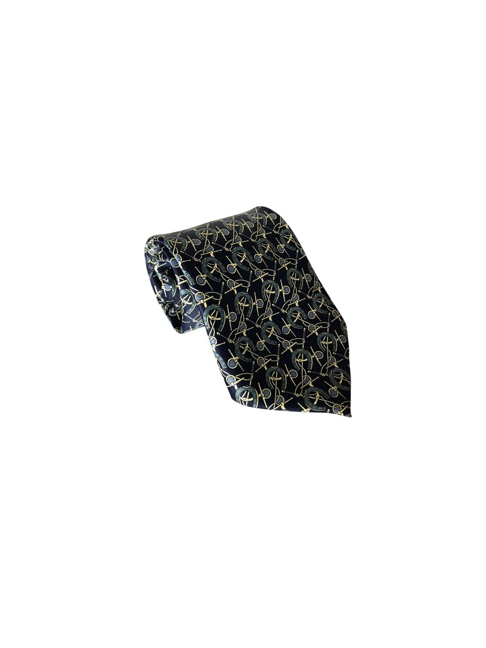Mercedes Tie Myung Ju Silk Horse Shoes and Bit Equestrian Motif Blue Handmade